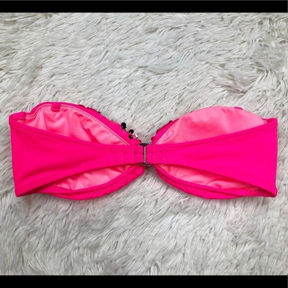 Victoria’s Secret Swim Neon Pink Sequin Strapless Padded Bikini Top Size Small - Picture 2 of 4